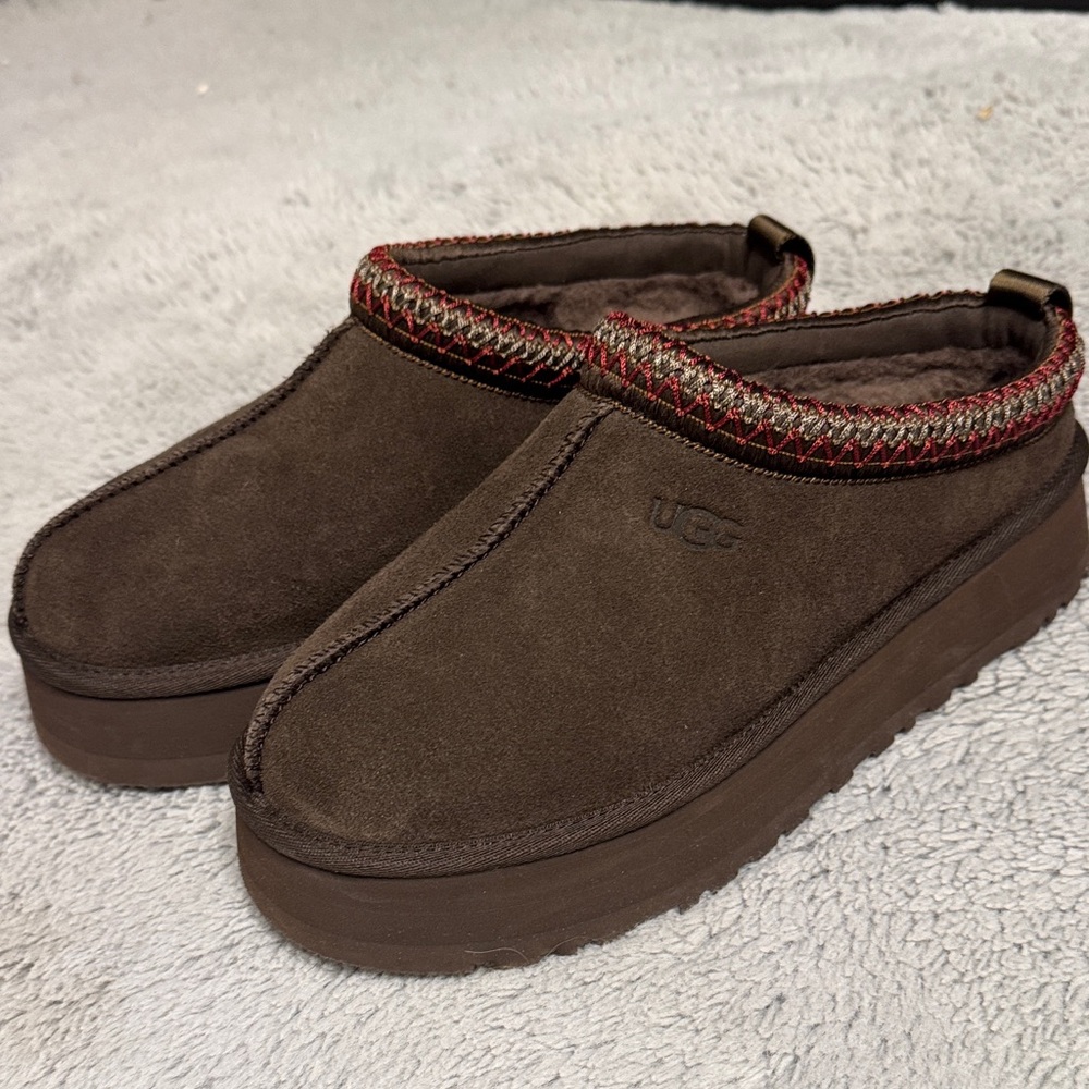 UGG Brown Suede Slip-On Clogs with Red Woven Trim